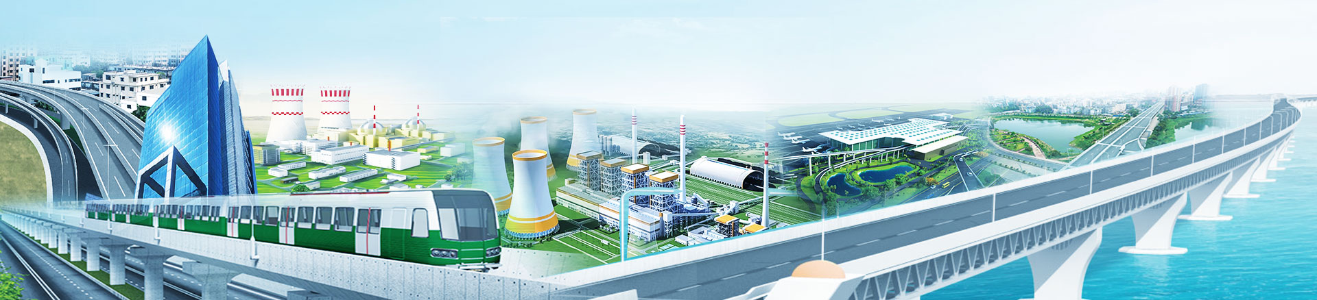 Illustration of large infrastructure projects: metro rail, power plant, airport and bridge