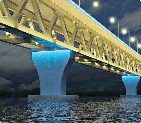 Padma Bridge deck and piers lit at night